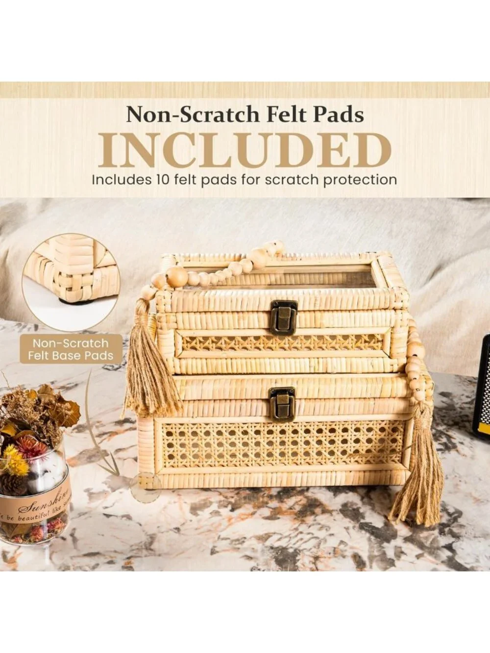 Boho Rattan Decorative Box with Lid & Lock | Wicker Storage Organizer with Felt